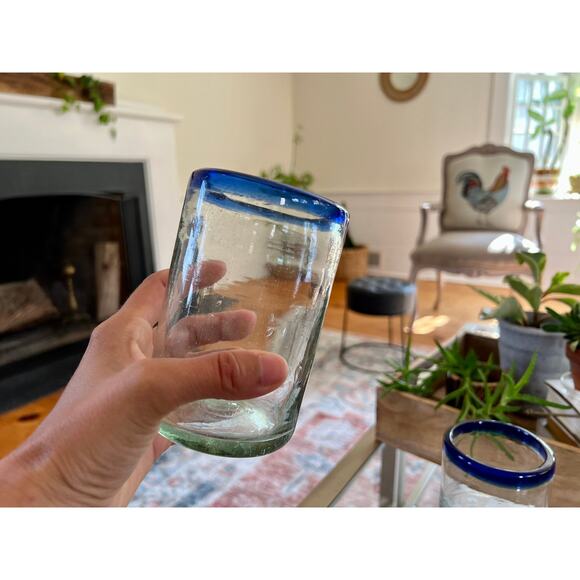 Vintage Mexican Hand Blown Cobalt Blue-Rimmed Glasses / Juice Water Glass - Picture 5 of 10